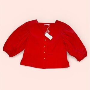 Tory Burch Red Cotton Puff Sleeve Button Up Blouse